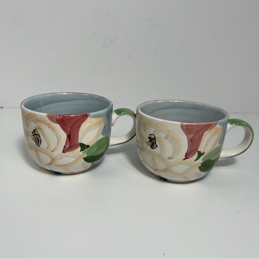Bella Ceramica Magnolia Red Green Blue Coffee Tea Soup Flat Cup 4” Mugs Set of 2